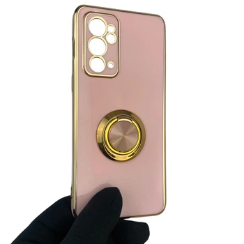 Чехол для OnePlus 9RT глянцевый с защитой камеры с золотой окантовкой с кольцом-подставкой пудровый