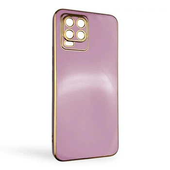 Чехол для Realme 8 глянцевый с защитой камеры с золотой окантовкой сиреневый