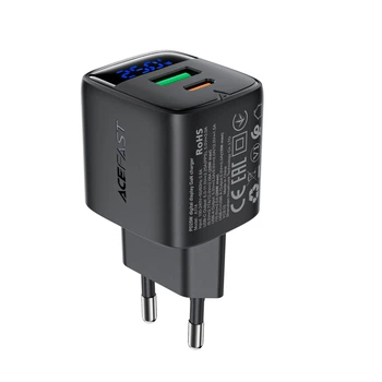 Мережевий зарядний пристрій ACEFAST A114 PD25W GaN charger (USB-A+USB-C) with digital display Black