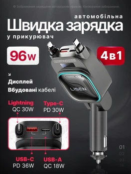 Быстрая зарядка в прикуриватель 96W 4 в 1 зарядное устройство для телефона в машину авто от прикуривателя из металла с дисплеем и двойным портом usb тайп-си LISEN aluminum 96W с 2 кабелями для iPhone 16 Pro Max Samsung S26