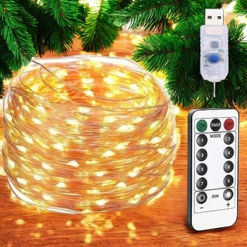Гирлянда роса линейная USB с пультом 40 м 400LED Желтый