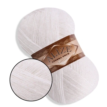 Alize Simli Angora Gold, Белый №55 - ангоровая пряжа с люрексом 100 г / 500 м, для ажурных шалей, свитеров, Симли Ангора Голд