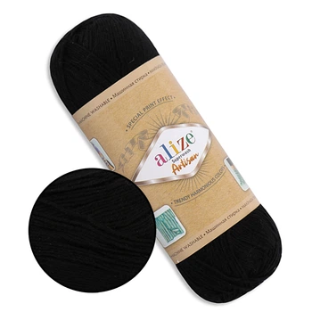 Alize Superwash Artisan, Чорний №60, тонка тепла пряжа, 100 г/420 м, 75% вовна superwash/25% поліамід - для шкарпеток, рукавиць і шапок