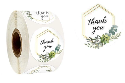 Наклейки "Thank you" с веточками CQ09, белые, круглые 2.5 см, 500 шт./рулон, самоклеящиеся этикетки для упаковки подарков, товаров ручной работы