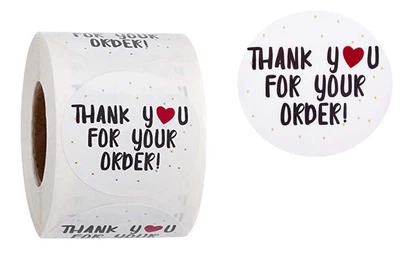 Наклейки стікери "Thank you for your order" CR05, білі, круглі 2.5 см, 500 шт./рулон, самоклейні етикетки для пакування товарів ручної роботи