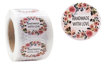 Наклейки стикеры "Handmade with love" CJ03, разноцветные цветы, круглые 2.5 см, 500 шт./рулон, самоклеящиеся этикетки для упаковки товаров