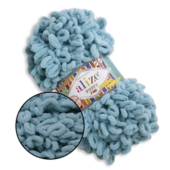 Alize Puffy Fine NEW, Лазурный №414 (100г/14м) плюшевая нитка с готовыми петлями для вязания руками пледа игрушек и балаклавы, Ализе Пуффи Файн