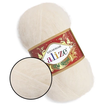 Alize Kid Mohair50, Світло-молочний №62, Кід Мохер, 62% кід мохер, 38% поліамід, 50 г / 500 м, легка пухнаста пряжа з мохером, для шалей, павутинок