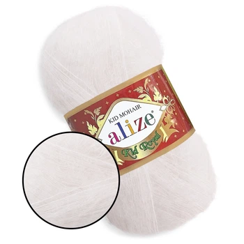 Alize Kid Mohair50, Білий №55, Кід Мохер, 62% кід мохер, 38% поліамід, 50 г / 500 м, легка пухнаста пряжа з мохером, для шалей, павутинок