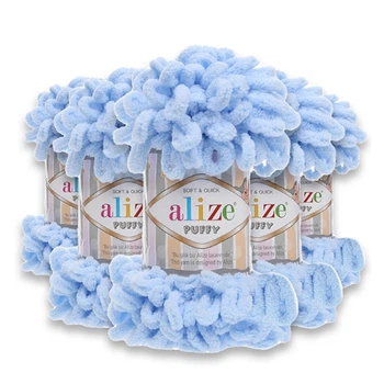 Упаковка Alize Puffy, Светло-голубой №183, 5шт - плюшевая пряжа с петлями 100г/9м, для вязания руками, пледы и игрушки, упаковка 5 мотков Ализе Пуффи