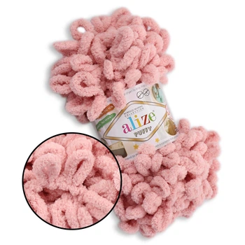 Alize Puffy № 161 Рожева пудра, 100г/9м - Алізе Пуффі, плюшева пряжа з готовими петлями для в'язання руками пледів, іграшок та аксесуарів