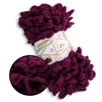 Alize Puffy № 111 Сливовий, 100г/9м - Алізе Пуффі, плюшева пряжа з готовими петлями для в'язання руками пледів, іграшок, балаклав, великі петельки