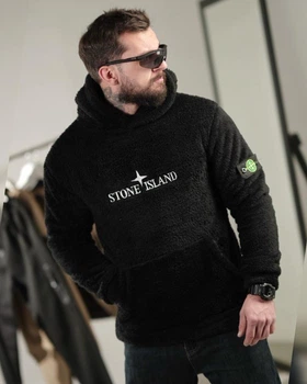 Мужское демисезонное худи Stone Island плюшевое 4XL черное (94817)