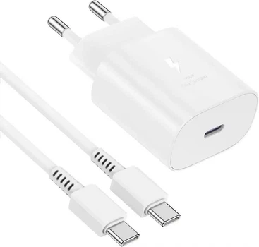 25W Швидка зарядка для телефону Samsung Huawei Apple Meizu зарядка для самсунга айфона мережевий зарядний пристрій з швидкою зарядкою блок живлення адаптер Super Fast Charging PD Power Delivery та Зарядний кабель Type-C 1м White KT-25-W