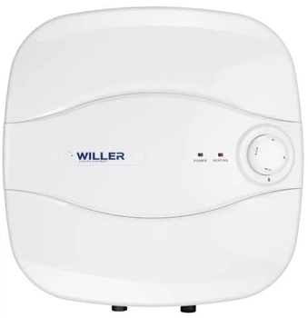 Водонагрівач Willer PA10R New optima mini, White, 1500W, 10л, мокрий ТЕН, вертикальний, механічне керування, над мийкою, квадратний, подача води знизу, зовнішній терморегулятор, С, 34.9x34.9х27.6см