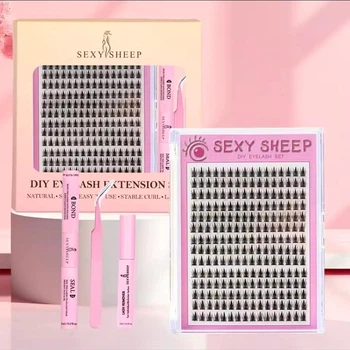 Набор для самостоятельного наращивания ресниц SexySheep с корейским эффектом лучей 9-15 мм 224 шт клей закрепитель ремувер пинцет