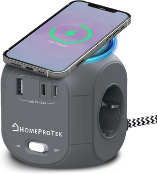 Удлинитель питания HOMEPROTEK Cube – беспроводное зарядное устройство и USB-удлинитель с 3-мя розетками, 1 USB-A, 2 USB-C и Qi, серый