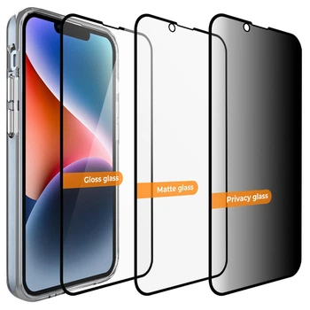 Защитное стекло для iPhone 13, 13 Pro, 14 6.1 - 9D Набор из 3 штук - глянцевое, матовое и частное 13 Про