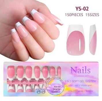 Гелевые типсы для наращивания Soft Gel с французским маникюром балерина М глянцевые 150 шт розовые с белым френчем (002)