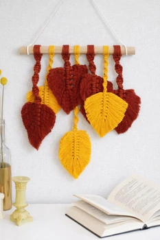 Натуральне настінне панно макраме Meloman Red+Yellow Leafs , 30 * 45 см в етно стилі, бохо