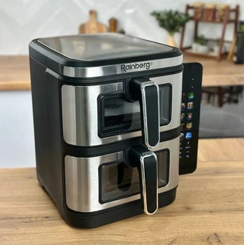 Аерогриль Rainberg RB 2331 4800W аерофрітюрниця безмасляна для приготування без олії з 2 чашами 7,5+7,5 л та сенсорним керуванням Срібляста з чорним