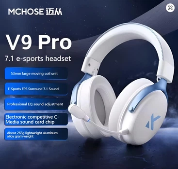 Навушники MCHOSE V9 PRO White-Blue Бездротова Ігрова Гарнітура, Радіоканал/Bluetooth/3.5мм. Знімний Мікрофон, RGB Підсвічування, Об'ємний звук 7.1, Автономна робота 250 Годин