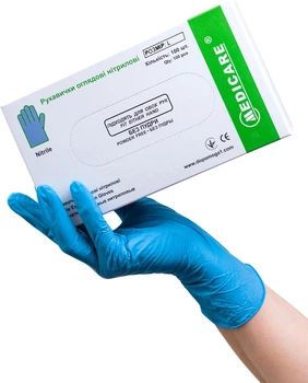 Перчатки смотровые Medicare нитриловые Нестерильные Без пудры текстурированные хлор L Голубые 100 шт (4820118171166)