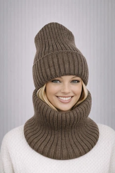 Жіночий в'язаний комплект шапка + снуд Жанна (One-Size) Коричневий