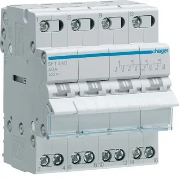 Перемикач Hager SFT440 I-0-II 4P Ie=40A із загальним виходом зверху ширина 4M
