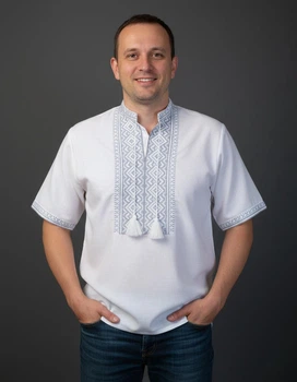 Чоловіча сірим по білому вишиванка Ноко ''Скрипочка сіра'' на короткий рукав 52