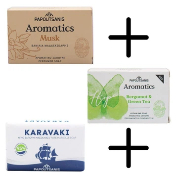 Мило тверде Aromatics Білий Мускус 100г +мило тверде Hope Бергамот та Зелений чай 100г +ПОДАРУНОК мило тверде Класік 125г