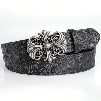 Ремінь з пряжкою Хрест в стилі Chrome Hearts 110 см з тисненням унісекс (PU шкіра) в стилі панк рок готика y2k sk8 Hip hop