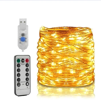 Гирлянда светодиодная Роса 200LED 2 метра на медной проволоке с USB питанием и пультом дистанционного управления для декора интерьера праздничная подсветка для фотозон и романтической атмосферы теплый свет гибкая основа для оформления