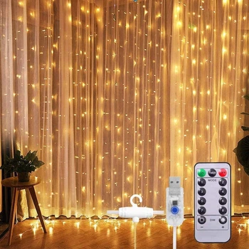 Гирлянда штора капля росы 3х3 метра 300 LED с пультом и USB питанием SunLamp CC18043WW