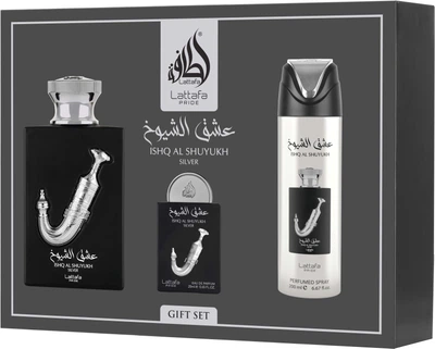 Zestaw unisex Lattafa Ishq Al Shuyukh Silver Woda perfumowana 100 ml + Miniaturka Woda perfumowana 20 ml + Dezodorant w sprayu 200 ml (6290362346579)