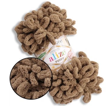 Alize Puffy, Бісквітний беж №466,100г/9м - Алізе Пуффі, плюшева пряжа з готовими петлями для в'язання руками пледів, іграшок, великі петельки