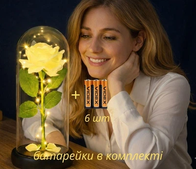 Роза в колбі з LED підсвіткою, вічна троянда нічник декоративна лампа в спальню подарунок для дівчини подарунок для жінки романтичний дружині мамі на день народження троянда біла з батарейками 6 шт в комплекті декор для інтер'єру 2100137