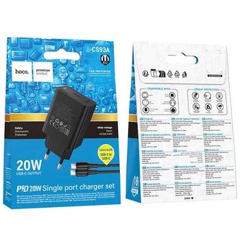 Блочок hoco. CS93A Leader PD 20W USB-C, быстрая зарядка, кабель Type-C to Type-C, Black