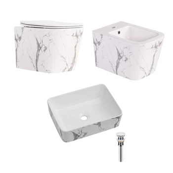 Комплект Qtap Tern Marble 3 в 1: підвісний унітаз Ultra Quiet + біде підвісне + раковина накладна QTTERMR49164
