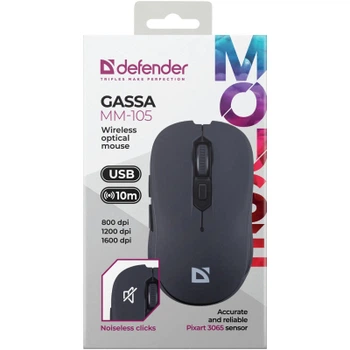 Мишка Defender Gassa MM-105, бездротова, 6 кн., 1600 dpi, безшумна чорна
