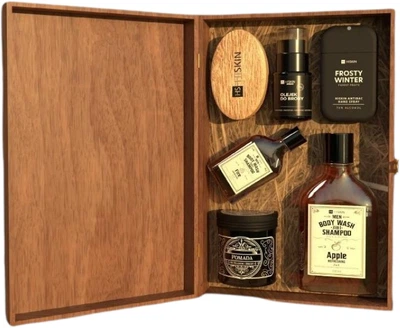 Zestaw kosmetyków pielęgnacyjnych dla mężczyzn HiSkin Gentleman Classic Żel 3 w 1 do ciała, włosów i brody 100 ml + Żel 3 w 1 do ciała, włosów i brody 330 ml + Pomadka do brody 100 ml + Olejek do brody 30 ml + Szczotka do brody + Spray antybakteryjny 30 m