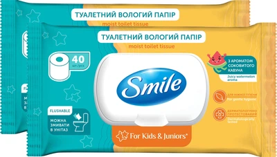 Упакевка паперу&nbsp;вологого&nbsp;туалетного&nbsp;Smile&nbsp;для&nbsp;дітей&nbsp;та&nbsp;підлітків 40 аркушів х 2 шт (4823071668827)