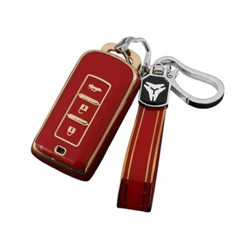 Чехол ключа Mitsubishi красный+золотая окантовка + брелок (3 кнопки ) TPU