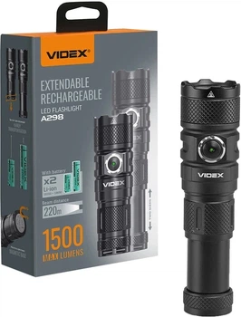 Фонарь ручной Videx A298, черный, 1500 Лм, 5000K, до 220 м, 6 режимов работы, линзы из закаленного стекла, светодиод Luminus SST40