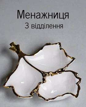 Фарфоровая менажниця на 3 отделения для закусок 27×19.5×4 (см) тарелка кабарет для (орешков, сухофруктов, конфет) белый с золотистым