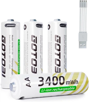 Акумуляторні батарейки GOTOBI 1,5 В USB AA з кабелем Micro USB, ємністю 3400 мВт·год, упаковка з 4 шт.