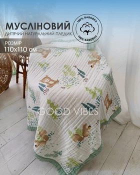Плед детский муслиновый белый 6 слоев с принтом зверьки медвеженки и кантом 110 х110 см (HPM00021)