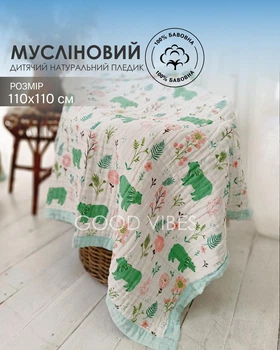 Плед детский муслиновый белый 6 слоев с принтом зверьки и голубым кантом 110 х110 см (HPM00022)