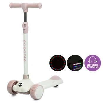 Детский трехколесный самокат Scooter JR3-129 складной, с подсветкой платформы и музыкой, Бело-розовый