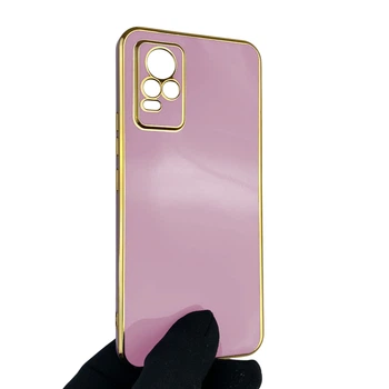 Чехол для Vivo V21E 4G глянцевый с защитой камеры с золотой окантовкой сиреневый